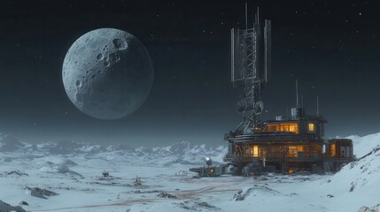 Lunar base at night, snowy landscape, large moon. Sci-fi illustration