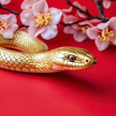 Obraz premium Golden Snake Slithering Among Cherry Blossom Flowers on Red Background