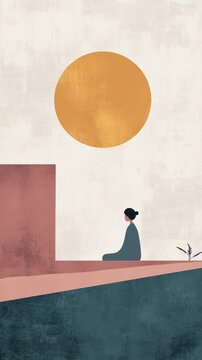 Woman sits meditating near a geometric landscape with the sun