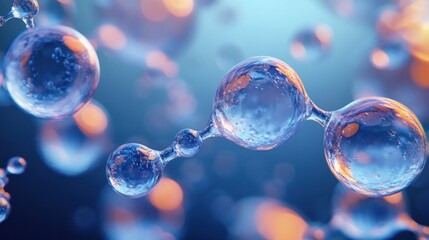 Close-up View of Water Molecules in Surrealistic Style with Ambient Lighting and Blue Gradient Background