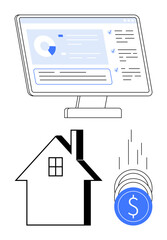 Desktop monitor displaying real estate metrics, house outline icon, and falling coins. Ideal for real estate, property investment, financial planning, mortgage services, home buying, economic