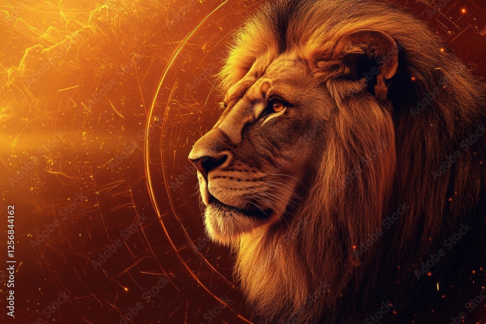 Aufkleber regal lion portrait showcasing golden mane shimmering in sunset light with space for text overlay. g