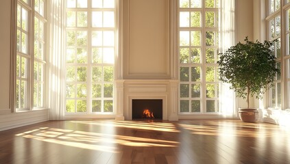 Sunlight Streams Through Large Windows into a Room with Fireplace and Hardwood Floors, Creating a Warm and Serene Atmosphere.
