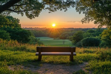 Fototapeta premium Serene Sunrise Park Bench Golden Hour Peaceful Landscape