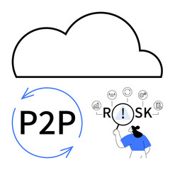 Cloud shape with circular P2P arrows, individual analyzing risks under magnifying glass. Ideal for data sharing, collaboration, risk management, technology, cloud computing, strategy, abstract line
