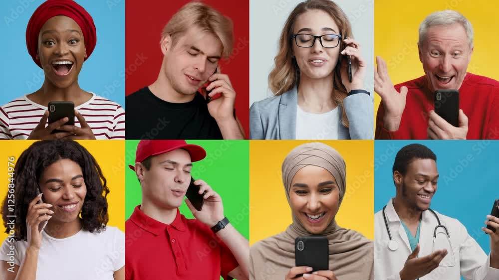 Poster A vibrant collage features individuals from various backgrounds talking on their smartphones. Each person showcases unique styles and expressions, creating a lively atmosphere.