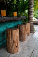 Naklejka premium Tropical bar with wooden stools and orange cocktails.