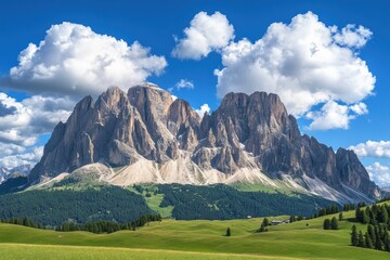 Fototapeta premium Majestic mountain range under soft clouds with vibrant green meadows in the backdrop. Generative AI