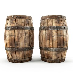 Fototapeta premium Two wooden barrels with metal bands, commonly used for storage or aging beverages. isolated on white background