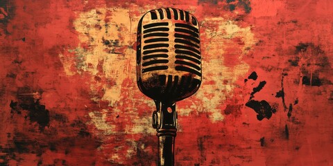 Vintage microphone stands prominently against an abstract red textured backdrop