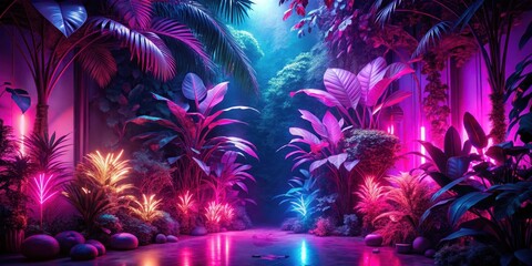 Neon jungle at sunset with glowing plants and vines in shades of pink and purple, neon lights, tropical atmosphere