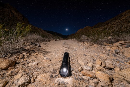 A flashlight illuminates a rocky desert path under a starry night sky.