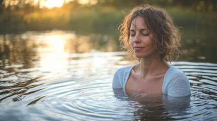 Fototapeta premium Serene Sunset Swim: A Woman Finds Peace in Nature's Embrace