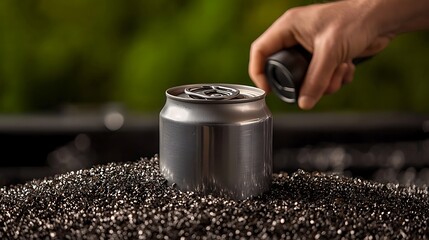 Hand opening a metallic can on a bed of shiny black gravel, with greenery in the background