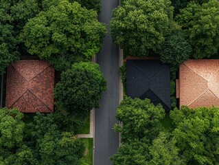 Aerial view of houses with trees lining a street.