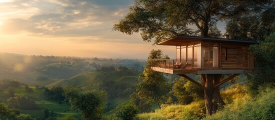 Serene Treetop Haven: Sunrise Over Rolling Hills