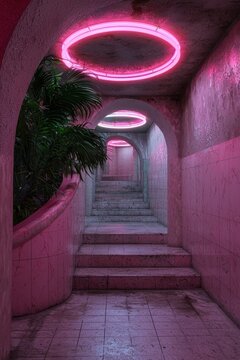 Neon-lit stairway with plant decoration in an arched hallway.