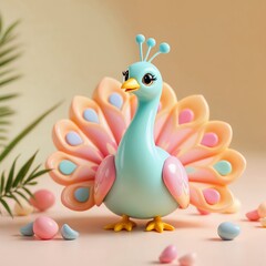 Pastel peacock in shiny style illustration on a soft peach background with a light blue green background. It's a beautiful illustration of a beautiful shiny plastic peacock in a pastel color. The