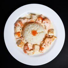 Seafood Platter with Rice Dome and Red Caviar, Shrimp, and Baked Salmon Cubes