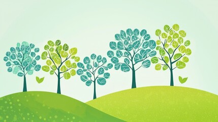 Serene Spring Landscape: Four stylized trees on rolling green hills under a pale sky, evoking a sense of tranquility and the beauty of nature.
