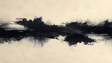 Fototapeta premium Minimalistic Abstract Ink Wash Art with Black Brushstrokes on Textured Beige Background