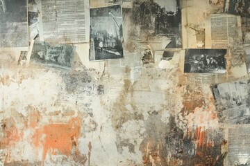 Obraz premium Weathered wall covered with old newspapers and photographs