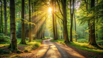 Fototapeta premium Sunlight filtering through trees onto a winding path in the woodlands