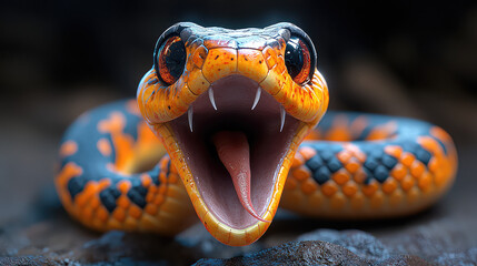 Close-up of a vibrant orange and black snake with its mouth open, revealing sharp teeth and a pink tongue. Its large eyes are captivating.