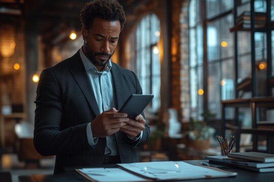 Young Asian businessman in dark suit using smartphone at modern office desk with laptop and notepad