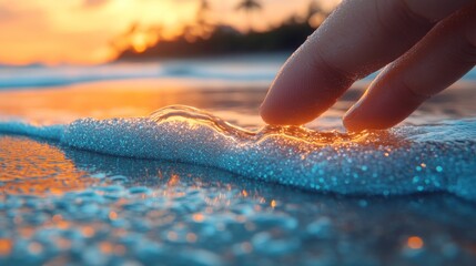 A serene sunset scene with a finger gently touching the shimmering ocean waves at the beach