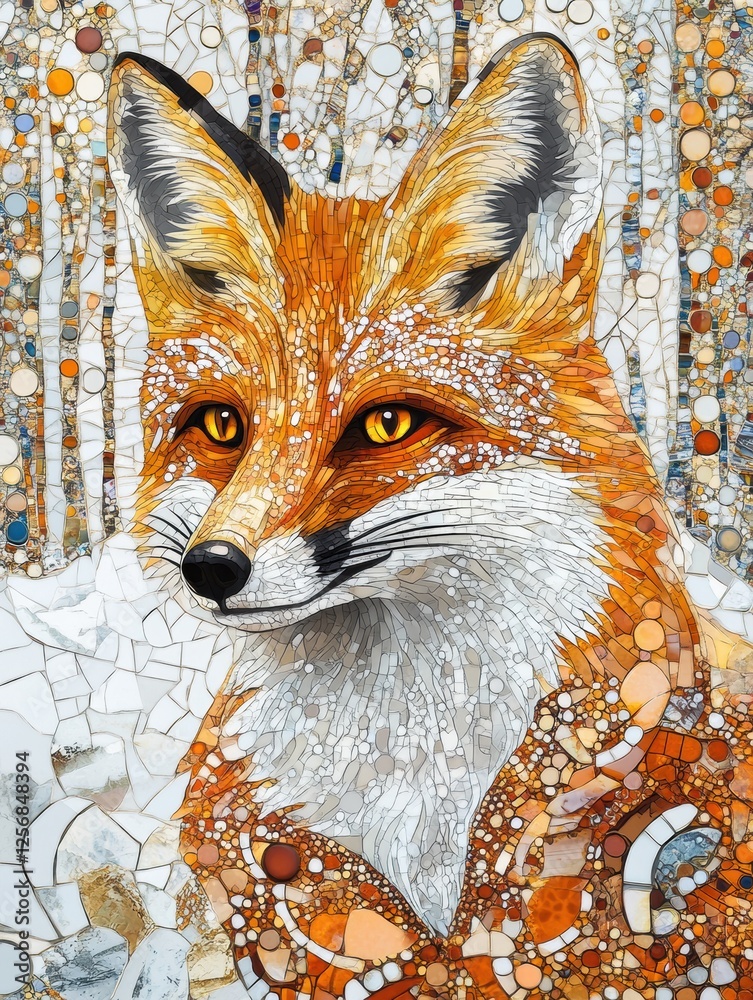 Leinwandbilder intricate mosaic fox portrait amidst a snowy forest filled with delicate patterns and vibrant colors