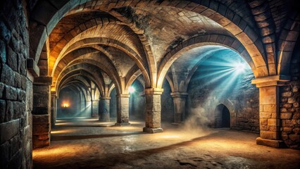 Obraz premium Ancient stone walls and dusty air create a mysterious ambiance in a dimly lit dark old vaulted catacomb dungeon, eerie