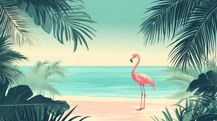 Flamingo standing on a tropical beach surrounded by palm trees