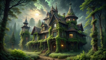 Fototapeta premium Overgrown with vines and moss, a decrepit haunted house looms in the woods, its turrets and spires reaching toward the moonlit sky, casting long ominous shadows, haunted mansion, woodland