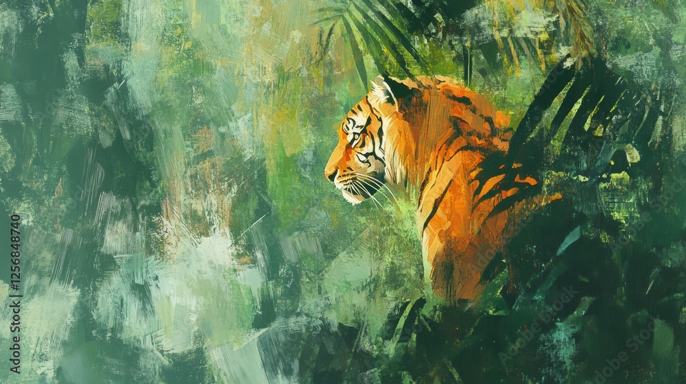 Poster Impressionist tiger portrait set against a vibrant jungle background with ample space for text. Generative AI