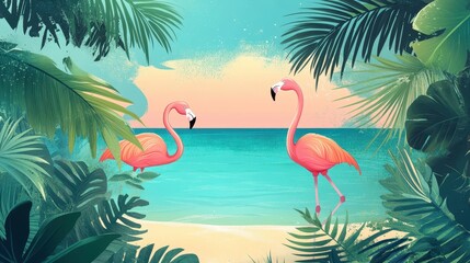 Two pink flamingos stand gracefully near the tropical beach