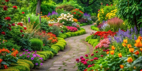 Lush greenery surrounds vibrant flowers in a winding garden path