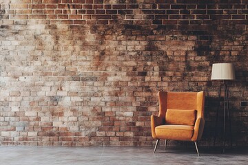 Rustic Industrial Interior Design Concept A Warm and Inviting Space with a Distressed Brick Wall and a Cozy Accent Chair.