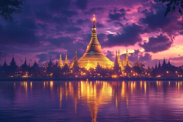 Golden Pagoda Sunset Reflection, Myanmar