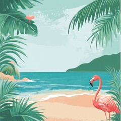 Flamingo stands on a tropical beach surrounded by palm trees