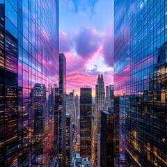 Stunning Cityscape at Dusk with Reflections and Colorful Sky