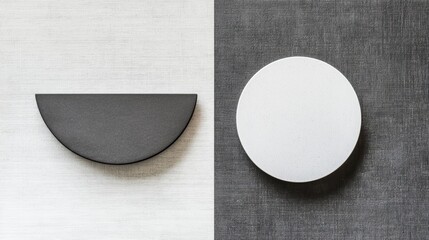 Black and white semicircles on textured fabrics. Design, minimalist, backdrop, contrast, abstract
