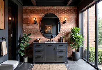 Dark and Modern Industrial Bathroom: Wood and Red Brick Accents, Ambient Lighting, Pendant Lights, Creating a Stylish and Contemporary Interior Design

