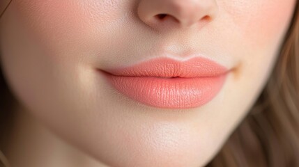 Obraz premium Close-up of Peach Lips, Soft Focus, Smooth Skin, Makeup, Beauty Shot