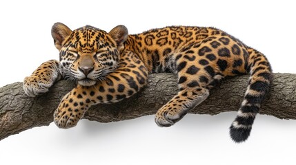 A relaxed leopard lounging on a tree branch, showcasing its vibrant fur against a white backdrop