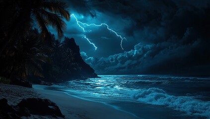 Night Ocean Scene: Dramatic Lightning Strikes Tropical Beach at Night with Dark Clouds and Waves Crashing