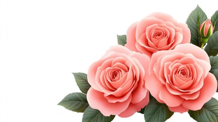 Fototapeta premium Three Delicate Pink Roses with Green Leaves and Bud