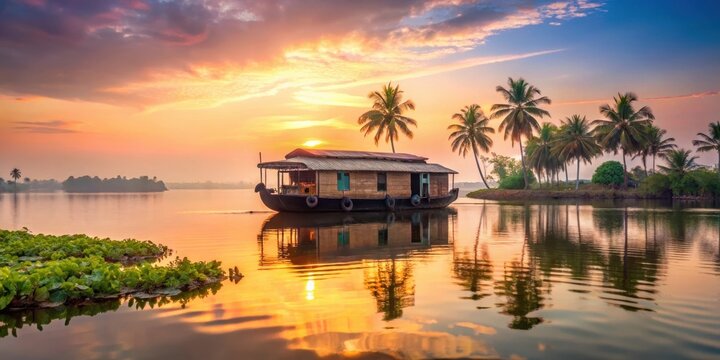 Houseboat floating on serene backwaters of Alappuzha at sunrise, peaceful, nature,  peaceful, nature, boat