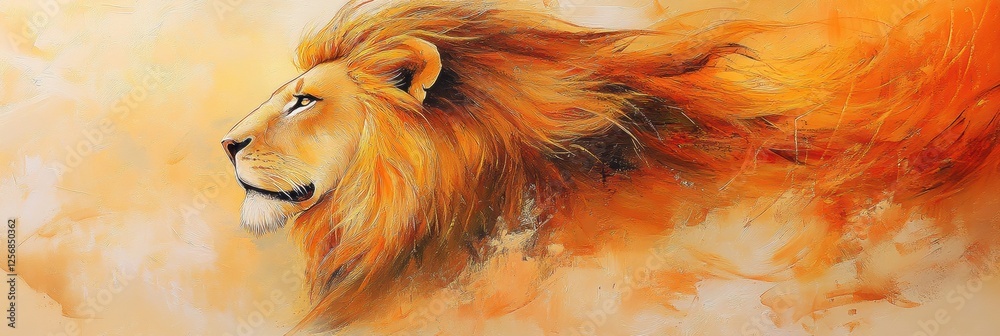 Poster majestic lion portrait with golden mane illuminated by sunset light and space for text. generative a