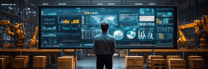 Businessman holding virtual interface panel of global logistics network distribution and transportation, Smart logistics, Innovation future of transport on large warehouse center background